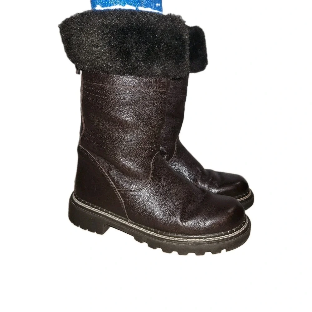 Bass Torino Women's Brown Leather Boots Size 7 M Faux Fur Zip Mid Calf Winter